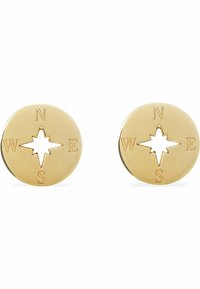Guld kompassros örhängen har runda skivor med ingraverade kardinalriktningar (N, Ö, S, V) och en stjärnformad utskärning i mitten.