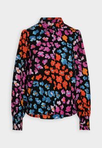Blouse noire à manches longues avec imprimé floral vif en rose, orange, violet et bleu, dotée d'un col et de poignets boutonnés.