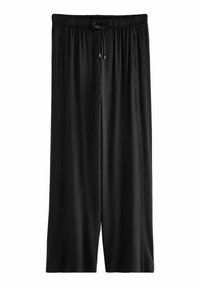 Black wide-leg trousers made of soft fabric, featuring an elastic waistband with drawstring, side pockets, and a smooth texture.