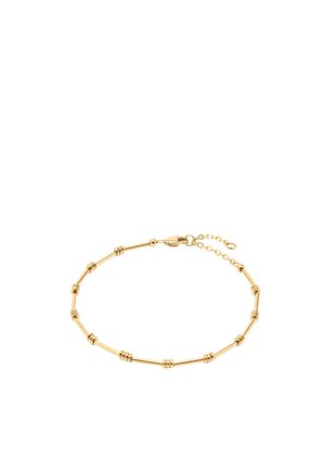 Bransoletka w odcieniu złota z cylindrycznymi i pierścieniowymi ogniwami, wyposażona w zapięcie typu lobster oraz regulowane przedłużenie łańcuszka.