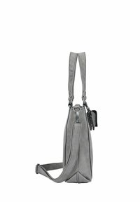Borsa a mano in pelle grigia con design strutturato, doppi manici, tracolla regolabile e finitura testurizzata. Presenta un dettaglio laterale a catena.