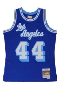 Canotta blu di basket di Los Angeles con il numero 44 e una toppa che recita "1960-61 Jerry West Hardwood Classics."