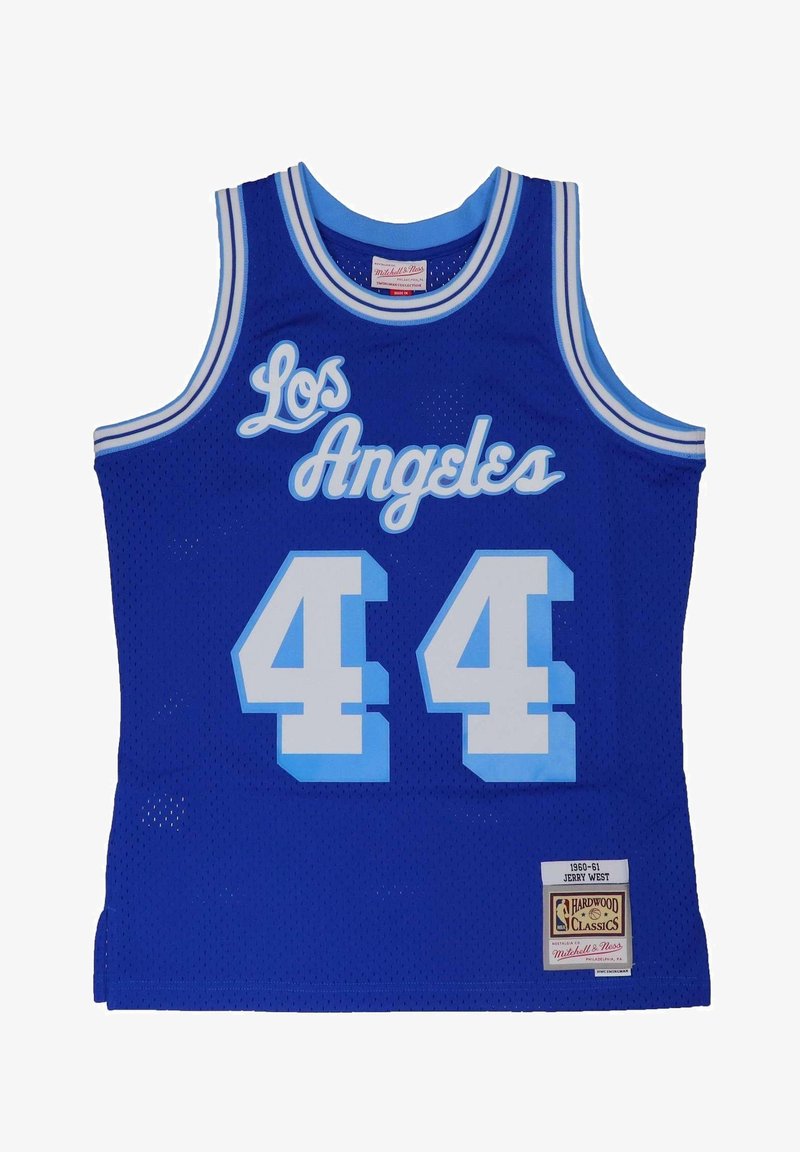 Sininen Los Angelesin koripallojersey, jossa on numero 44 ja merkki, jossa lukee "1960-61 Jerry West Hardwood Classics."