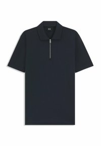 Marinblå polo-tröja med halv dragkedja, korta ärmar och en strukturerad krage. Tillverkad av mjukt tyg med en slät textur. Minimalistisk design.