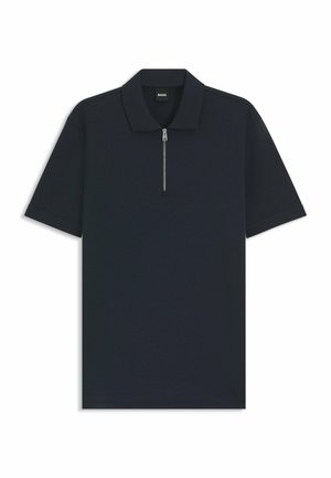 Marineblaues Poloshirt mit halbem Reißverschluss, kurzen Ärmeln und strukturiertem Kragen. Aus weichem Stoff mit glatter Textur. Minimalistisches Design.