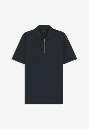 Marineblauwe poloshirt met een halve rits, korte mouwen en een gestructureerde kraag. Gemaakt van zachte stof met een gladde textuur. Minimalistisch ontwerp.
