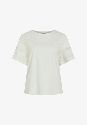 White top with short, loose sleeves. Features lace detailing on sleeves and a round neckline. Soft, smooth fabric with a relaxed fit.