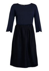 Navy dress with a fitted top and flared, textured skirt. Long sleeves, round neckline, and elastic waistband for a comfortable fit.
