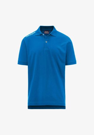 Polo shirt blu in cotone morbido, con colletto classico, maniche corte e una chiusura a due bottoni. Logo Kappa sulla spalla.