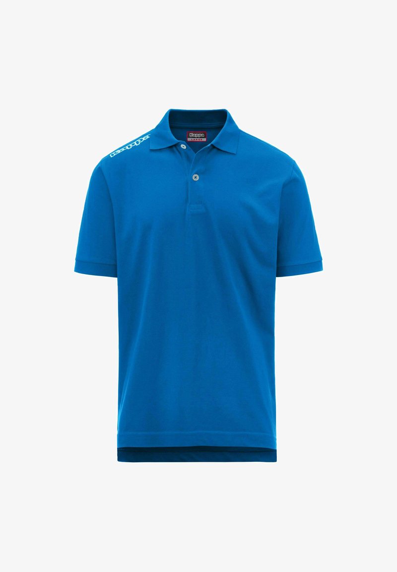 Polo bleu en coton lisse, avec un col classique, des manches courtes et une patte de boutonnage à deux boutons. Logo Kappa sur l'épaule.