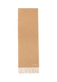 Beiger Schal aus weichem Material mit fransigen Kanten und einem dezenten Markenlogo nahe dem Saum. Rechteckige Form mit glatter Textur.