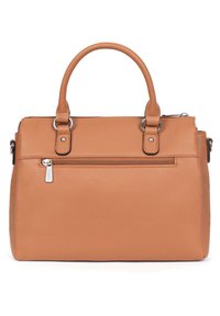 Borsa a tracolla in pelle tan con doppio manico superiore, una tasca frontale con zip e accessori in tonalità argento. Texture liscia; forma rettangolare strutturata.