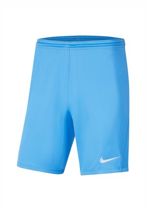 Lichtblauwe sportshorts van glad synthetisch materiaal. Heeft een elastische tailleband en een wit Nike-logo aan de linkerkant.