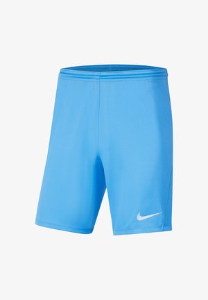 Světlomodré sportovní kraťasy z hladké syntetické tkaniny. Mají elastický pas a bílé logo Nike na levé straně.