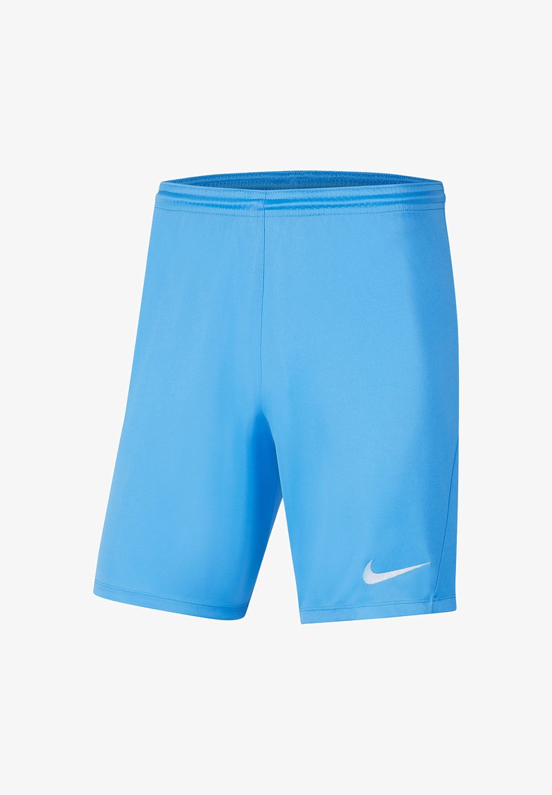 Světlomodré sportovní kraťasy z hladké syntetické tkaniny. Mají elastický pas a bílé logo Nike na levé straně.