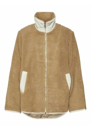 Smeđi flis jakna s visokim ovratnikom, bijelim zatvaračem i bočnim džepovima. Teksturirano tkanje s glatkom podstavom, oversized kroj i zaobljen rub.