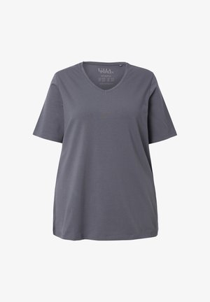 Graues T-Shirt mit kurzen Ärmeln und V-Ausschnitt, aus softem Material gefertigt. Verfügt über einen lässigen Schnitt mit seitlichen Schlitzen für mehr Bewegungsfreiheit.