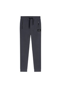 Grå joggebukser med snor i taljen, lynlåslommer på siden, tætsiddende cuffs og et sort lappe-logo på venstre ben. Blødt, komfortabelt stof.