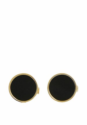 Runde Manschettenknöpfe mit einer glänzenden schwarzen Oberfläche, umgeben von einem dünnen goldenen Rahmen. Einfaches Design, glatte Textur, geeignet für formelle Kleidung.