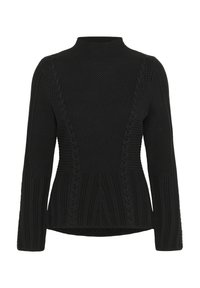 Maglione nero a maglia con collo alto, caratterizzato da motivi testurizzati e dettagli a treccia sulle maniche e sui lati. Design aderente, senza chiusure.