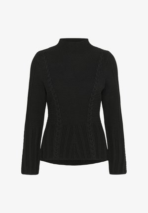 Pull en tricot noir avec col haut, comportant des motifs texturés et des accents en maille torsadée sur les manches et les côtés. Design ajusté, sans fermetures.