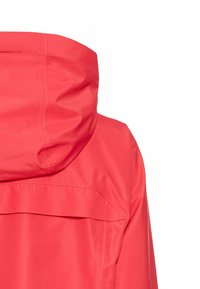 Coral waterproof jacket, featuring a hood, smooth texture, and contrasting stitching along the seams. Back view shows subtle ventilation flap.