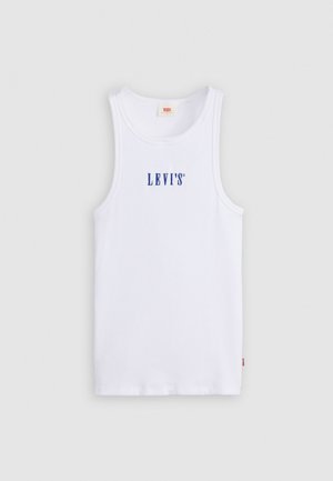 Valge puuvillane top ümarate kaeluse ja laiade rihmadega. Esiküljel on tikitud sinine "LEVI'S" logo. Sile tekstuur.