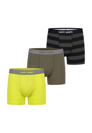 Drei Paare Herren-Boxershorts mit "Happy Shorts" Bund in Gelb, Olivgrün und Schwarz mit grauen Streifen.