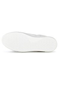 Sole di sneaker bianca con un motivo a spina di pesce testurizzato. Materiale in gomma liscia, forma arrotondata, e priva di ulteriori accenti o colori.