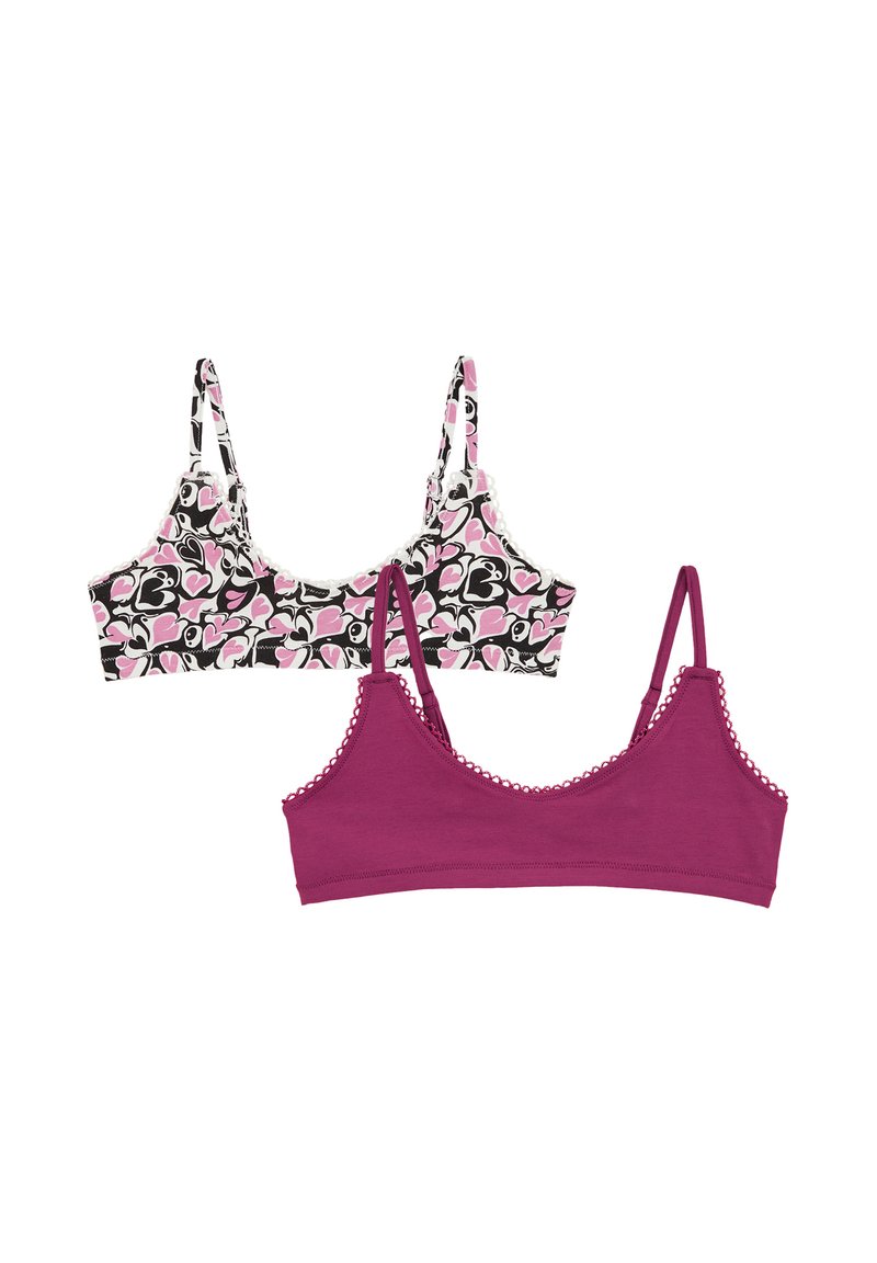 Dos sujetadores: uno presenta un patrón floral en negro y rosa con detalles de encaje; el otro es de color púrpura sólido con bordes ondulados y tirantes ajustables.