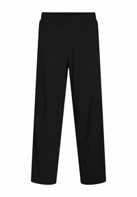 Pantalon noir à jambe droite avec une ceinture plate et sans poches ni fermetures visibles, présenté sur fond blanc.