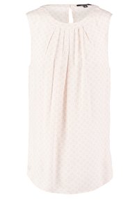 Sleevettömän vaaleanbeigen topin, jossa on hienovarainen geometrinen kuvio, pyöreä kaula-aukko ja poimintoja etuosassa.