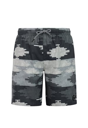 Zwart-grijze, pixelachtige zwemshorts met elastische tailleband en een zwart-wit zigzagkoord.