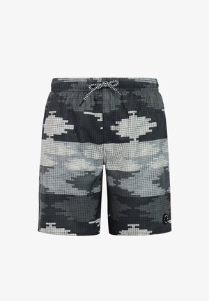 Zwart-grijze, pixelachtige zwemshorts met elastische tailleband en een zwart-wit zigzagkoord.