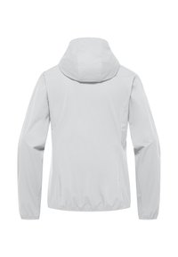 Lightweight gray jacket with a hood, featuring smooth, matte fabric and elastic cuffs; designed for a loose fit with no visible logos or accents.