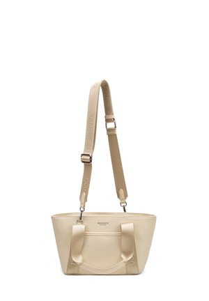 Sac à bandoulière en cuir texturé beige avec une sangle en tissu réglable et deux poignées, logo "DIANA&CO FIRENZE" à l'avant.