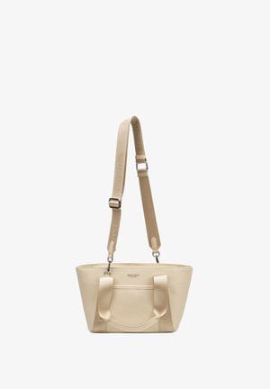 Borsa a tracolla in pelle beige testurizzata con tracolla in tessuto regolabile e due manici, logo "DIANA&CO FIRENZE" sul davanti.