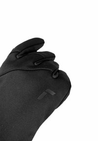 Schwarze Handschuhe aus flexiblem, strukturiertem Material. Mit genähten Nähten und einem Logoakzent am Handgelenk. Fünf-Finger-Design für Geschicklichkeit.