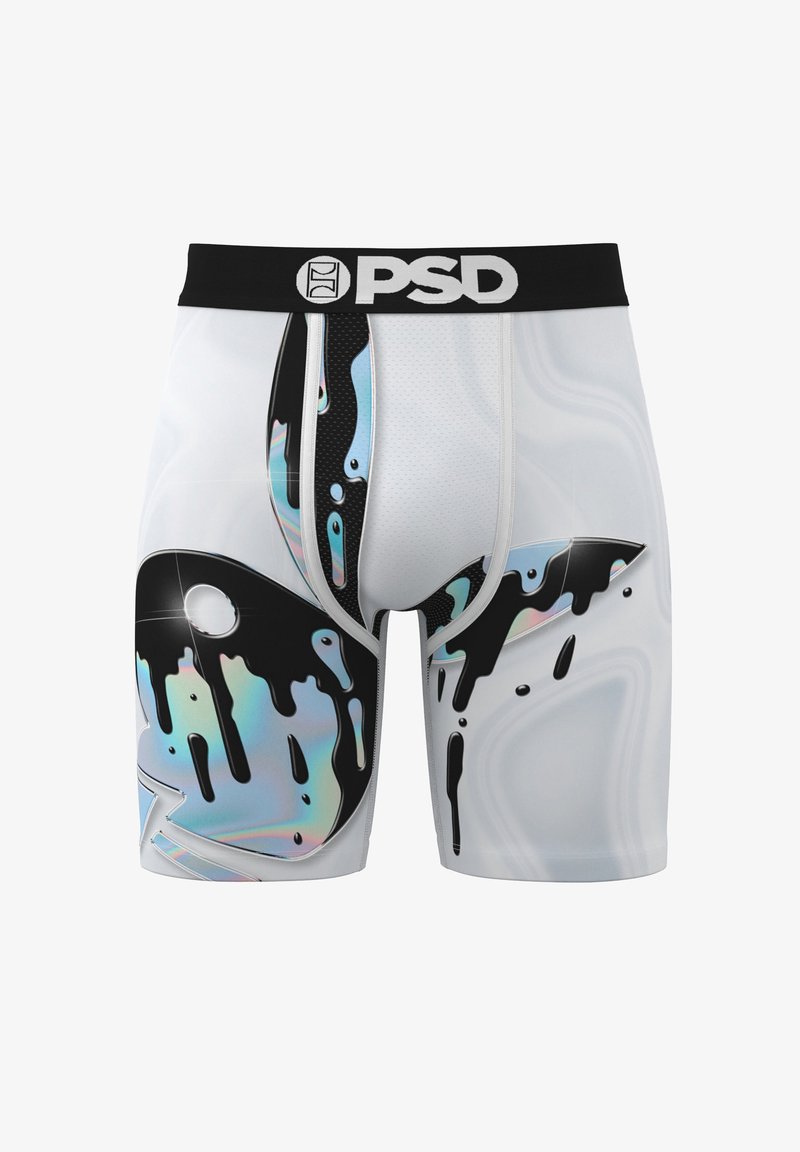 Witte boxer briefs met een zwart en iriserend druipverfschilderingontwerp, elastische tailleband met "PSD"-logo, zachte stoftextuur.