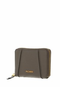 Brown textured leather wallet with a gold zipper, featuring a front panel design and embossed brand logo "PICARD." Compact and rectangular shape.