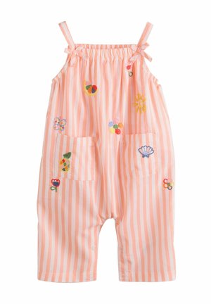 Gestreepte roze overall met geborduurde accenten, waaronder fruit en bloemen, met zakken en verstelbare banden. Katoenen materiaal.
