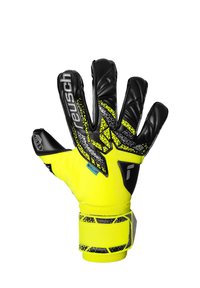 Doelmanhandschoen met een felgele latex body. Zwarte handpalm en vingers bevatten gestructureerde patronen. Veilige polsband met merkaccenten.