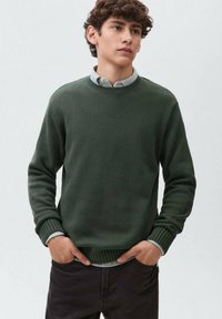 Vihreä neulepaita pyöreällä kaula-aukolla ja ribbireunoilla. Vaatteena vaaleansininen kauluspaita, yllään tummat housut.