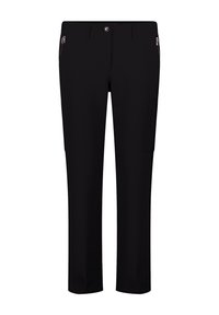 Zwarte rechttoe rechtaan broek met ritszakken aan de voorkant, riemlussen, knoopsluiting en een zijvak op de rechterbeen.