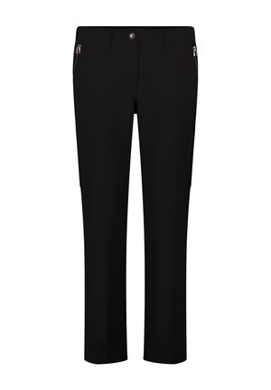 Pantalons noirs droits avec poches zippées à l'avant, passants de ceinture, fermeture à bouton et une poche cargo sur le côté de la jambe droite.