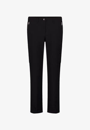 Czarne spodnie o prostym kroju z przednimi kieszeniami na zamek, szlufkami na pasek, zapięciem na guzik oraz kieszenią cargo po prawej stronie nogawki.