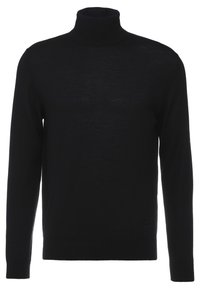 Maglione a collo alto di colore nero, realizzato in morbido e spesso tessuto a maglia. Presenta maniche lunghe e un collo e polsini a coste, con un delicato dettaglio del logo sull'orlo.