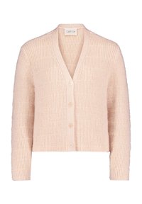 Pletený cardigan v jemné růžové barvě s výstřihem do V, dlouhými rukávy a pěti knoflíky vpředu. Má strukturovaný, žebrovaný vzor.