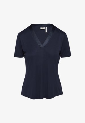 Námornícky modrý krátky rukáv V-krk top z mäkkého materiálu, so saténovým lemom pozdĺž výstrihu a mierne rozšíreným lemom.