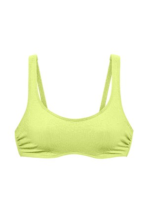 Limettengrünes Bikinioberteil mit strukturiertem Stoff, breiten Schulterträgern und einem Rundhalsausschnitt mit gerafften Details an den Seiten.